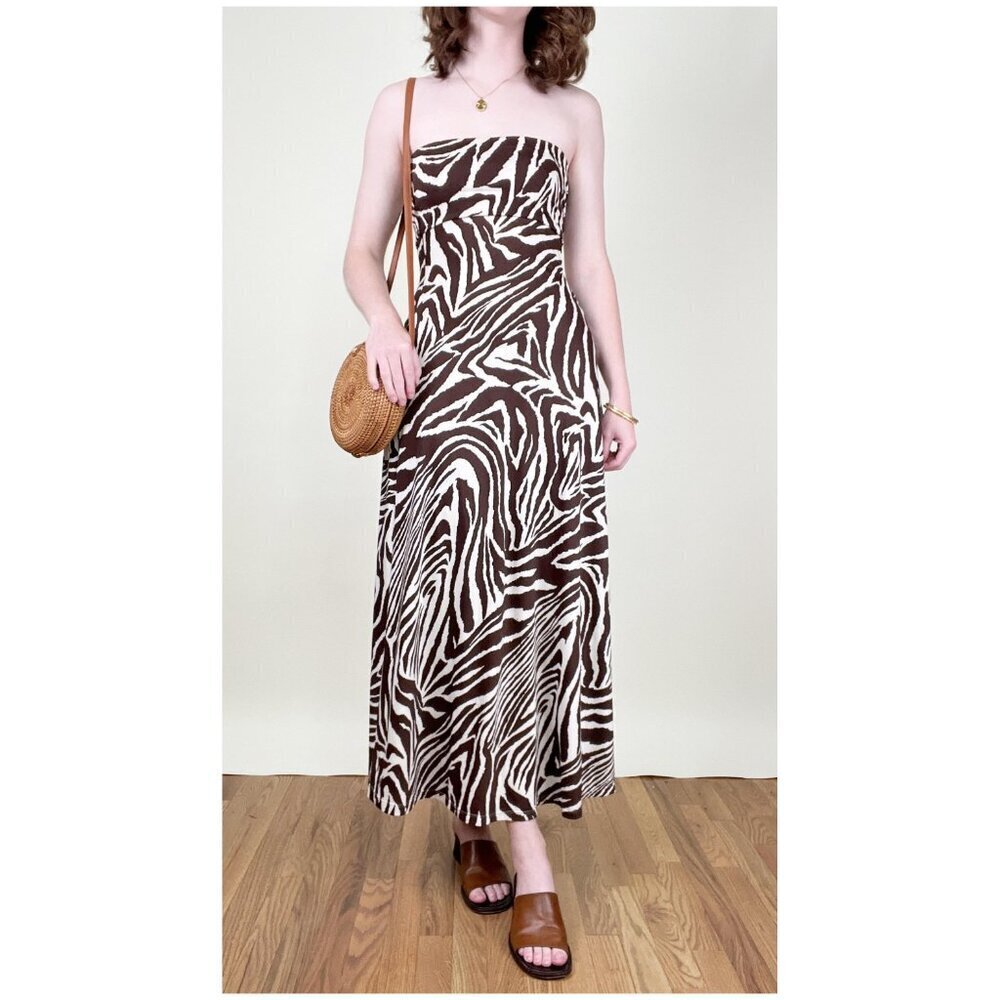Vintage Strapless Zebra Print Maxi Dress Summer Sun Tropical Vacation 90s Y2K